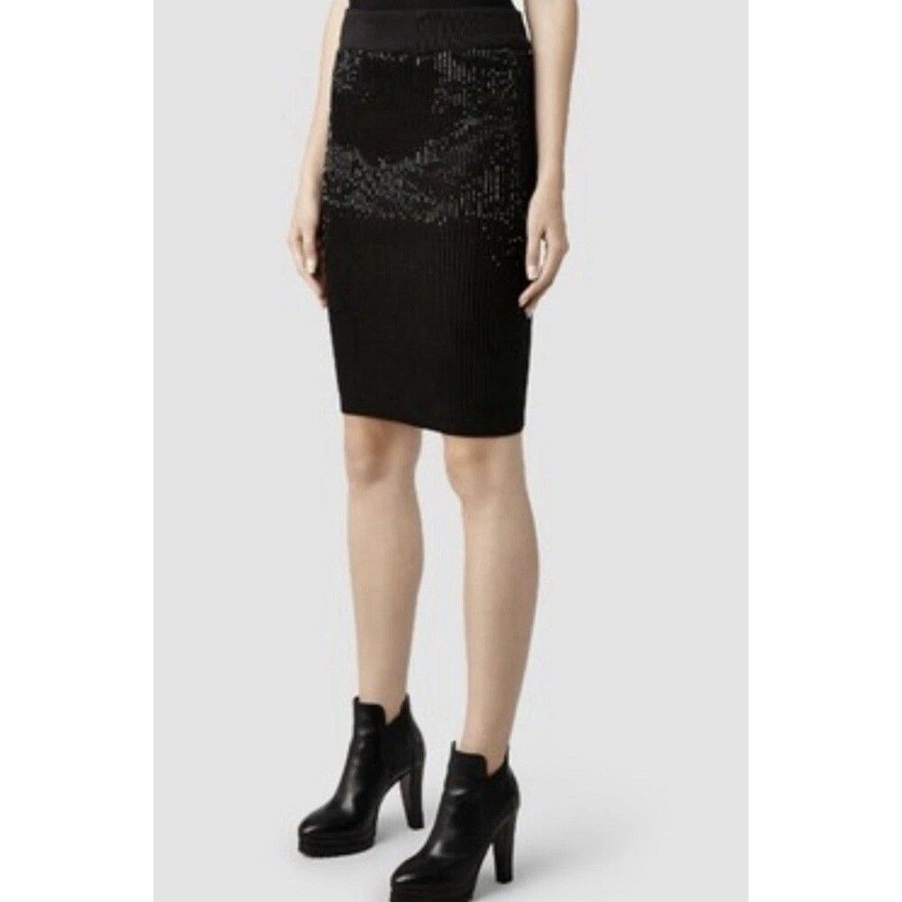 All Saints Lovise Hand Embellished Beaded Black Pencil Body Con Skirt US 4
